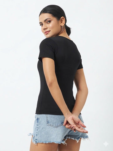 Classic Fit V-Neck Top - Black