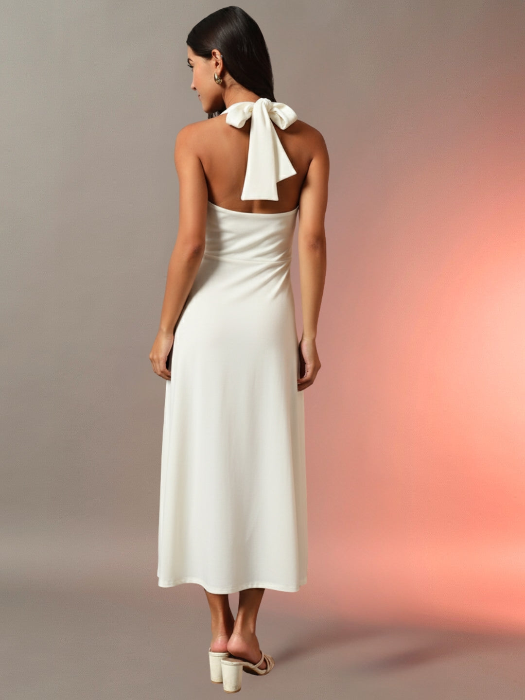 Halter Neck Fit & Flare Midi Dress - Off White