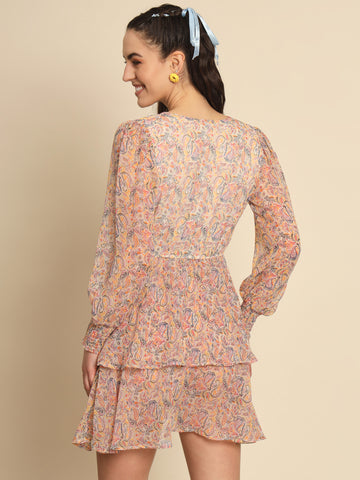 Beige Paisley Printed Overlap Dress