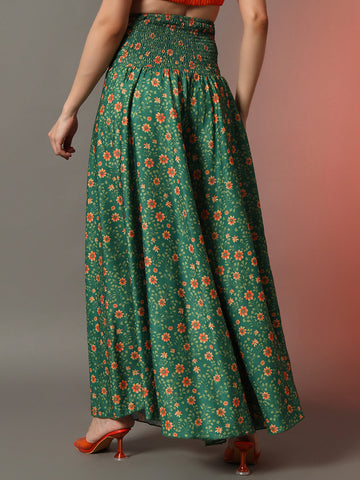 Green Floral Print Palazzo Flowing Wide-Leg Trousers