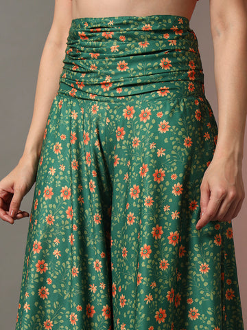 Green Floral Print Palazzo Pants for Women | Flowing Wide-Leg Trousers