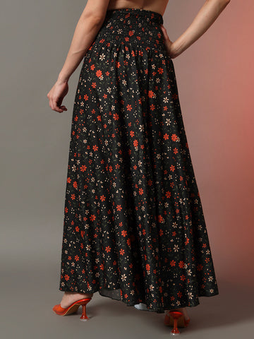 Black Floral Print Palazzo Pants for Women