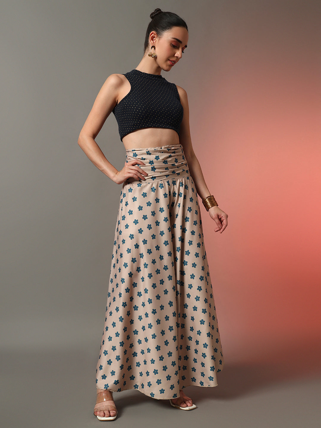 Printed Palazzo Pants - Beige