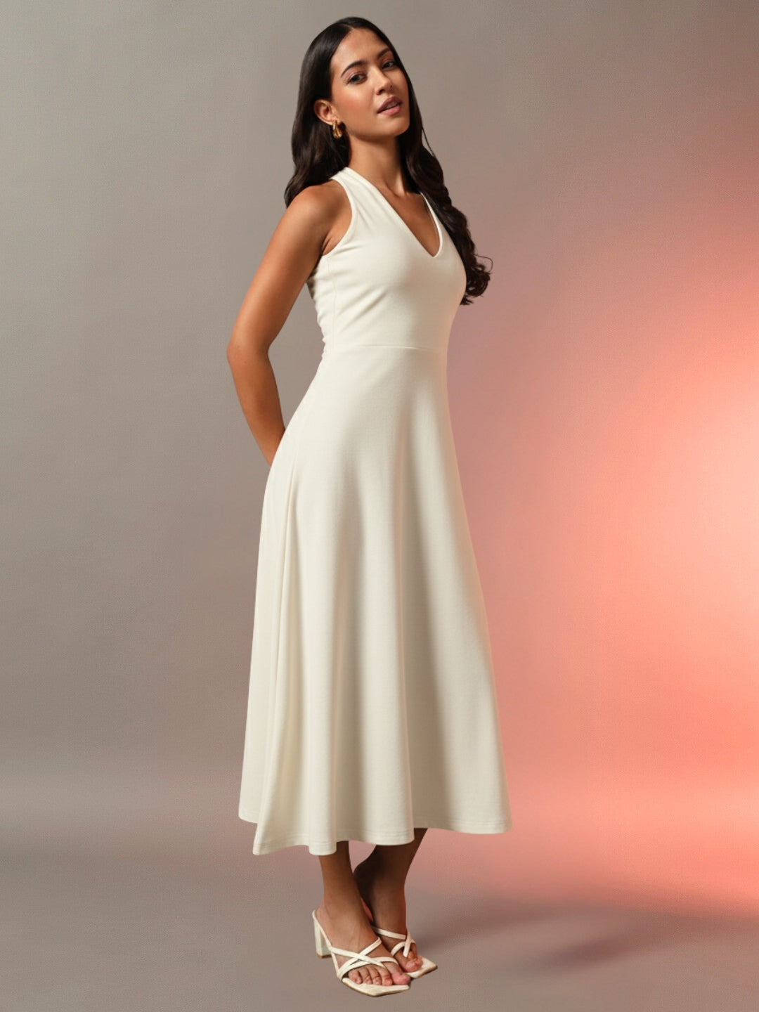 Halter Neck Fit & Flare Midi Dress - Off White