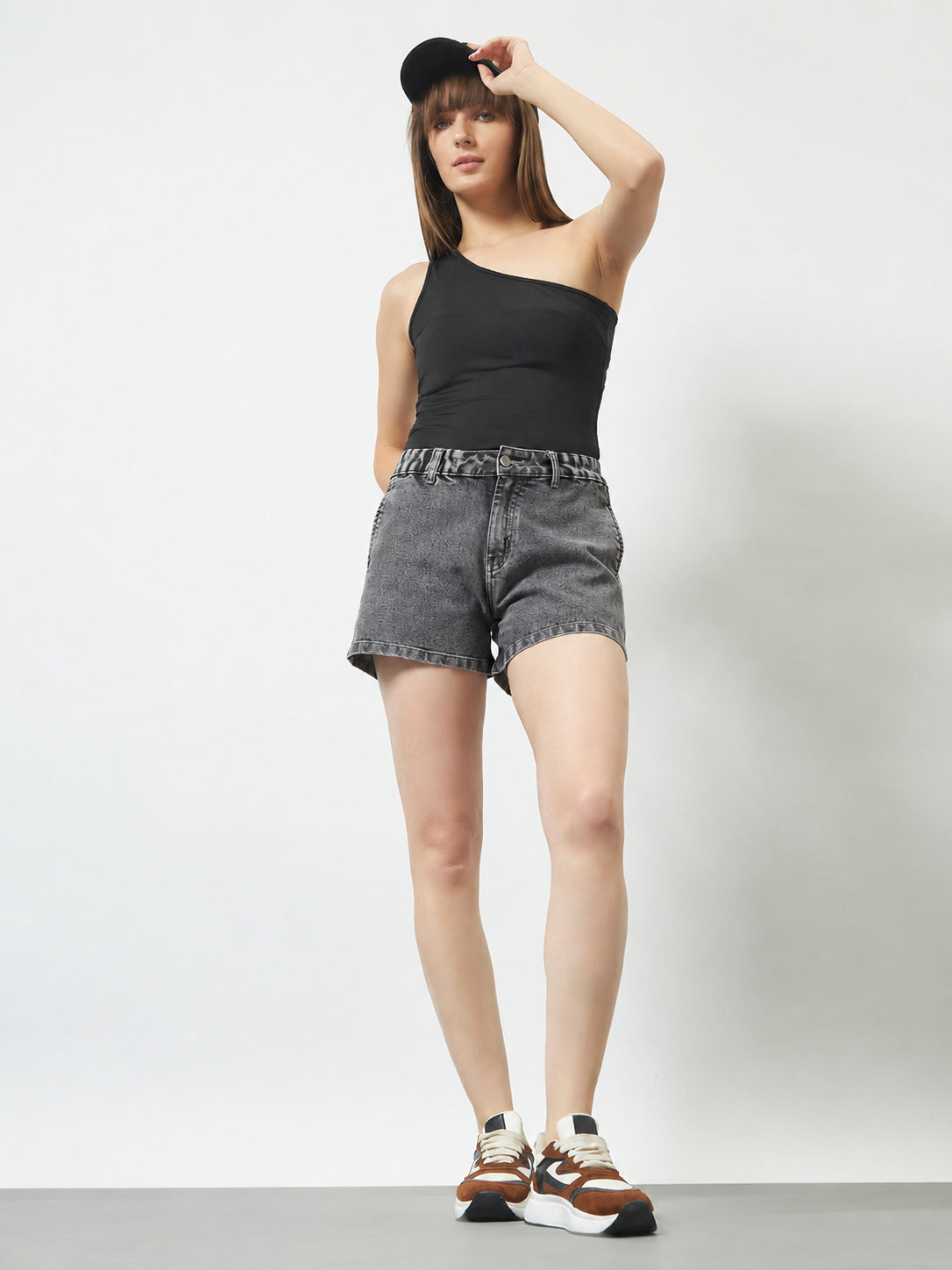 Paperbag Waist Denim Shorts - Charcoal Black