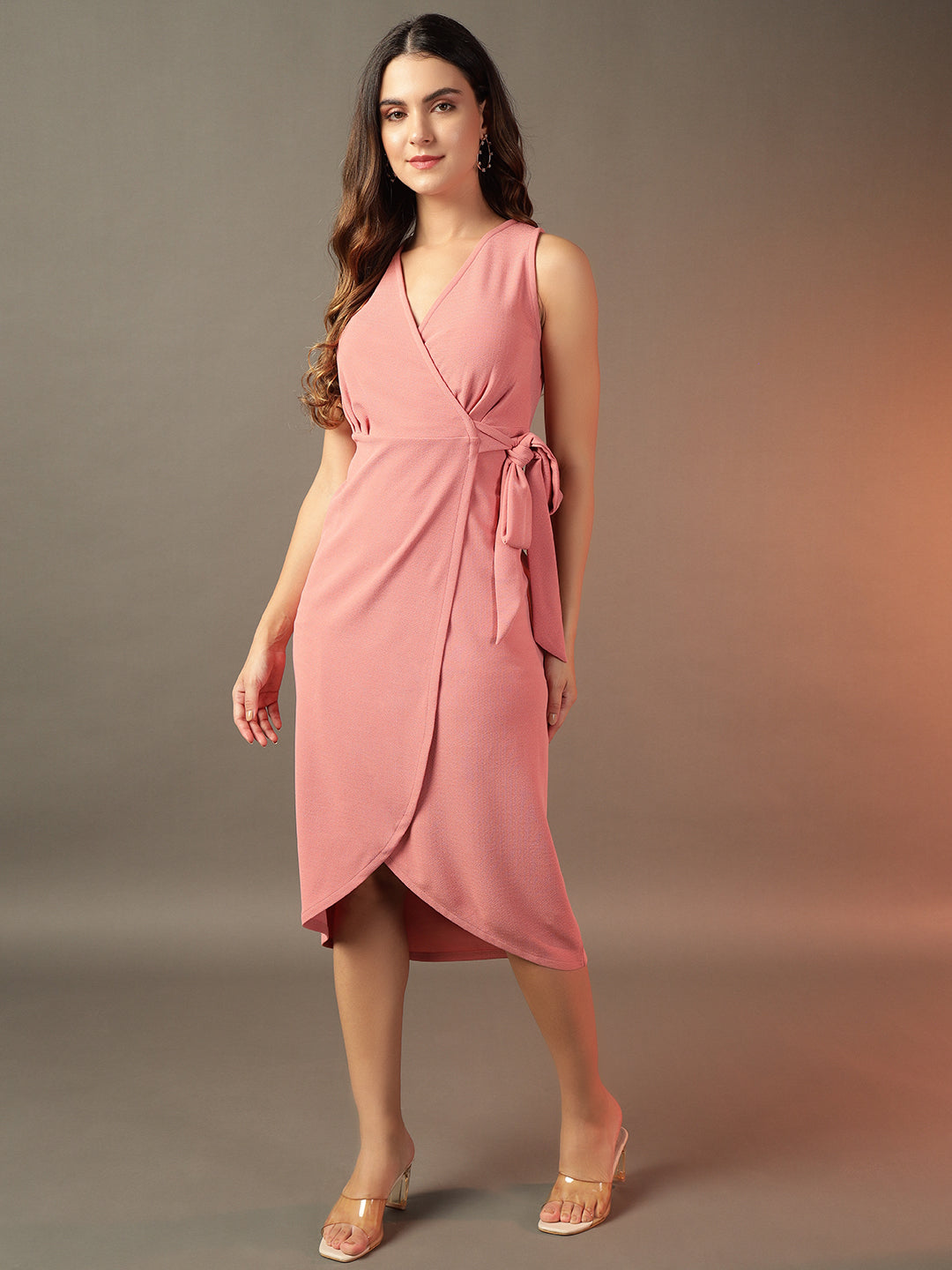Peach Wrap Midi Dress - Casual Wear