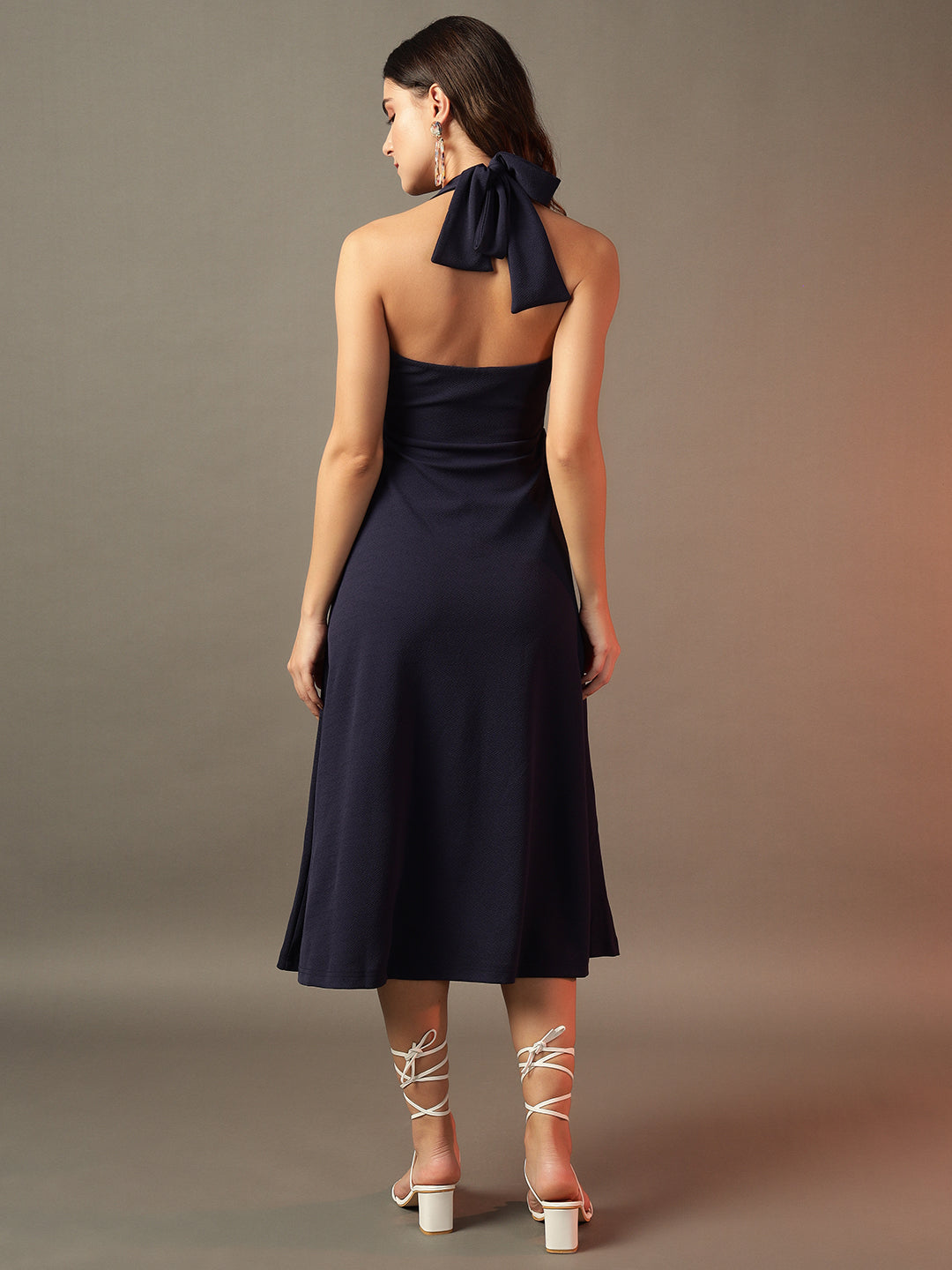 Halter Neck Fit & Flare Midi Dress - Navy Blue