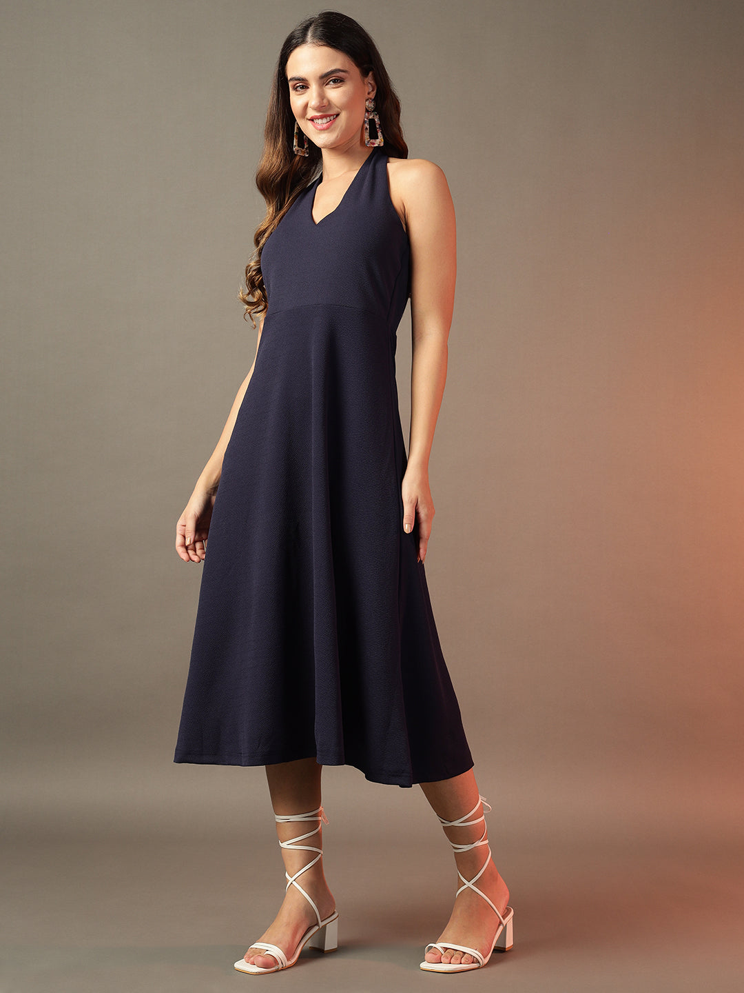 Halter Neck Fit & Flare Midi Dress - Navy Blue