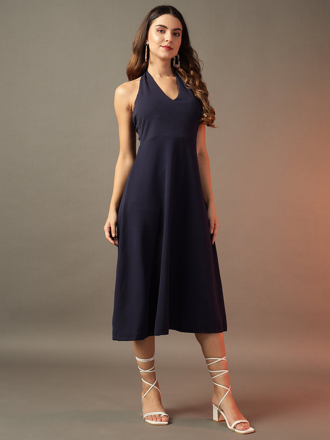 Halter Neck Fit & Flare Midi Dress - Navy Blue