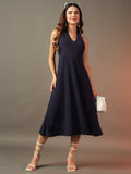 Halter Neck Fit & Flare Midi Dress - Navy Blue