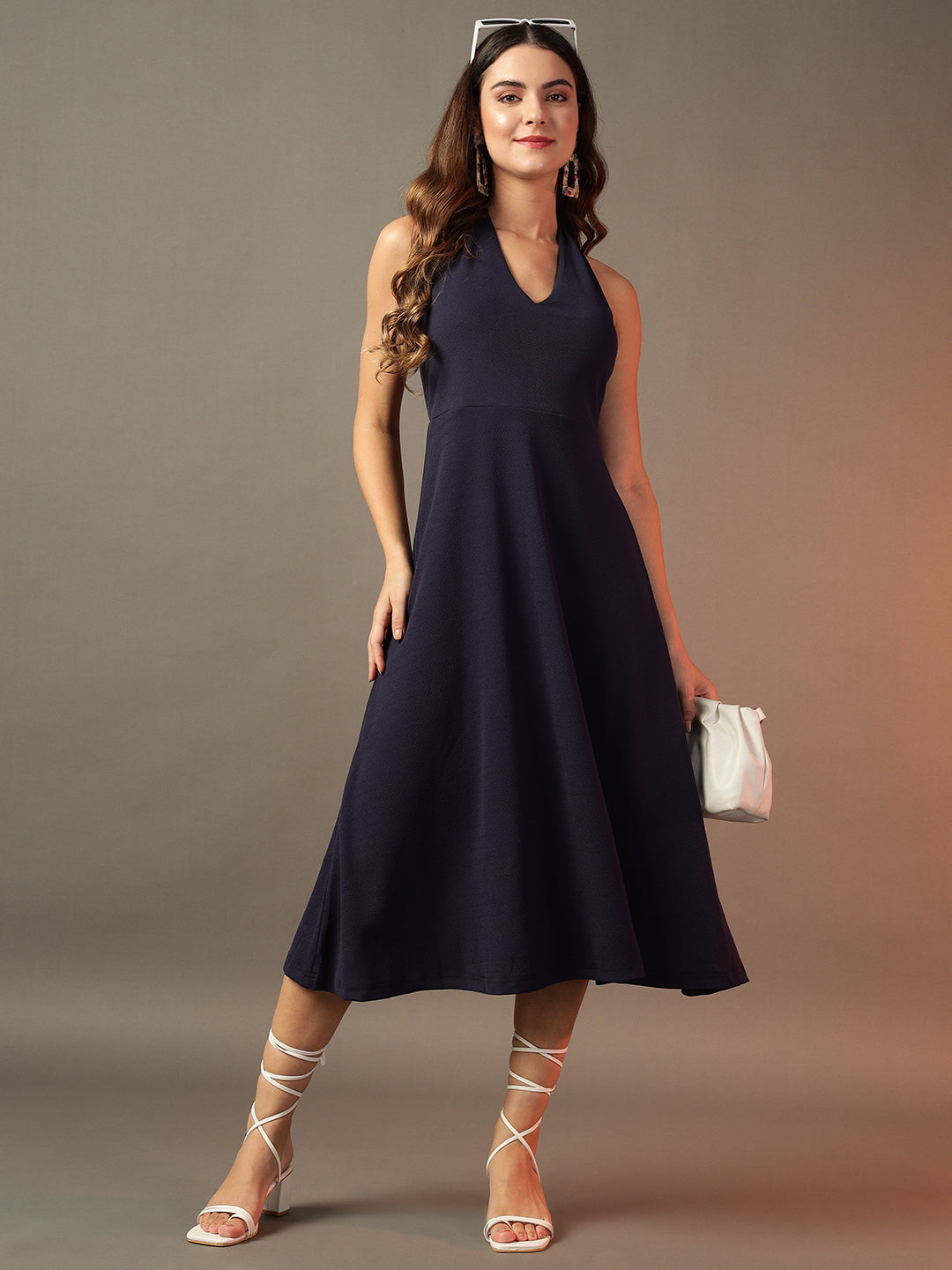 Halter Neck Fit & Flare Midi Dress - Navy Blue