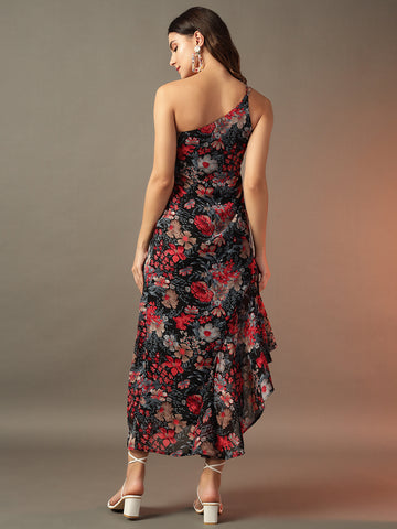 Printed Cocktail Dress with Inbuilt Padding - Black