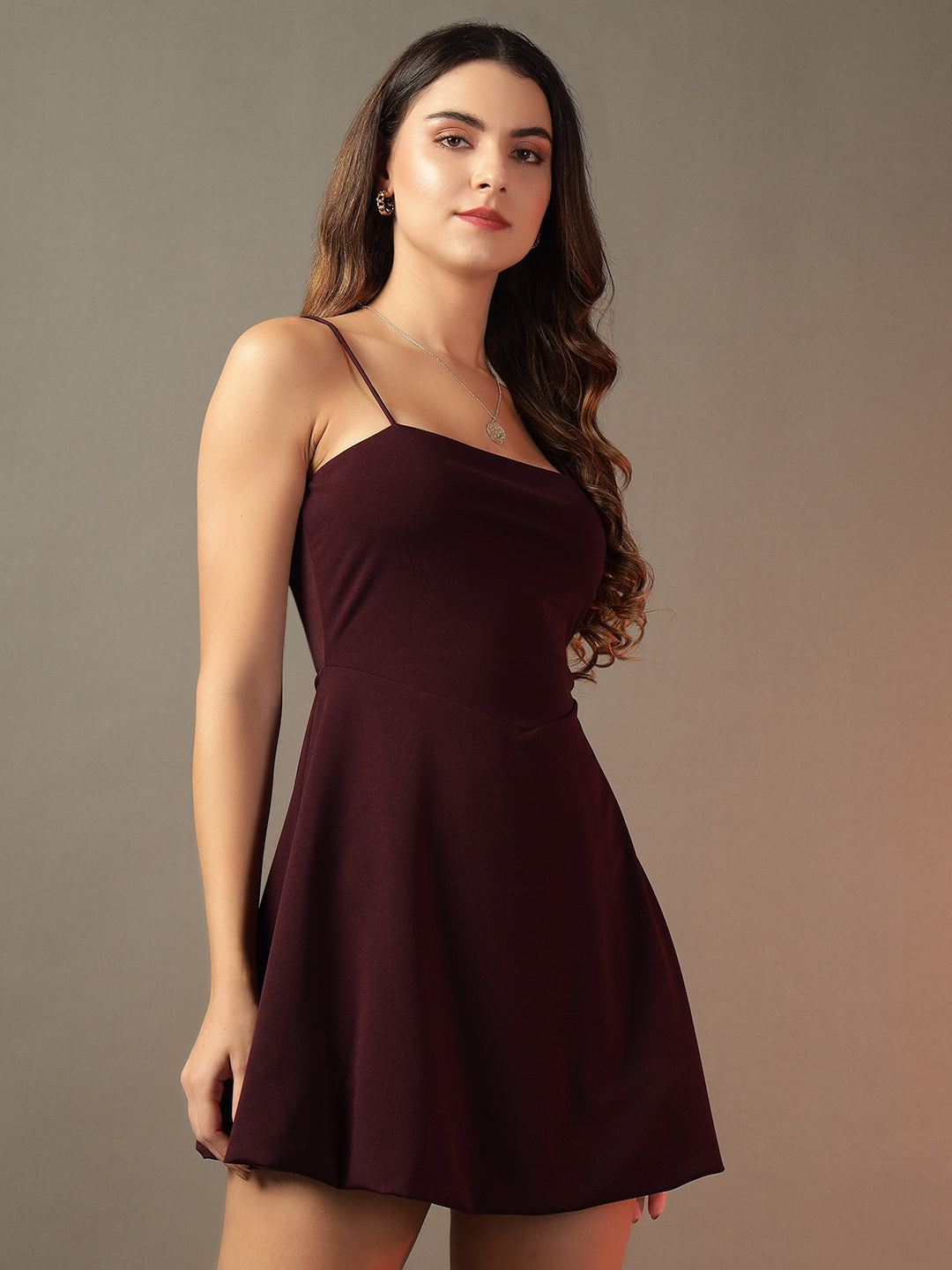 Noodle Strap Flare Dress - Burgundy