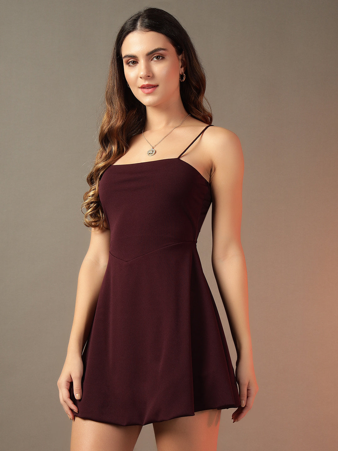 Noodle Strap Flare Dress - Burgundy