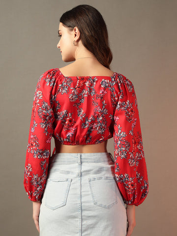 Red Ruched Printed Top