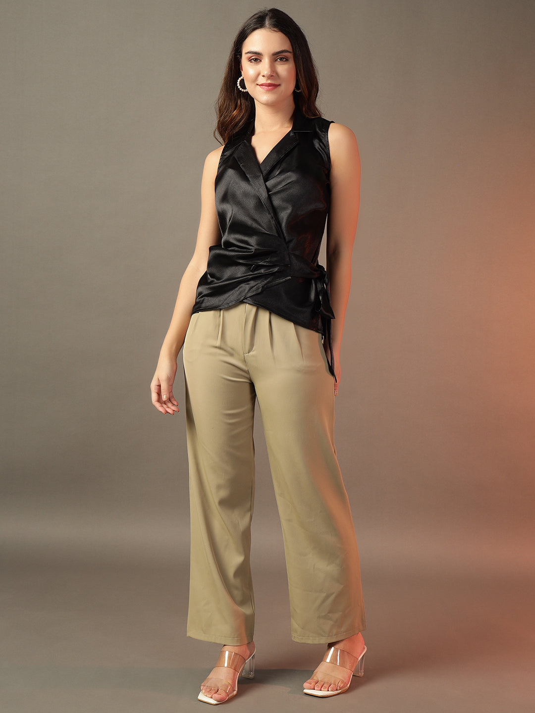 Shirt Style Wrap Around Top - Black