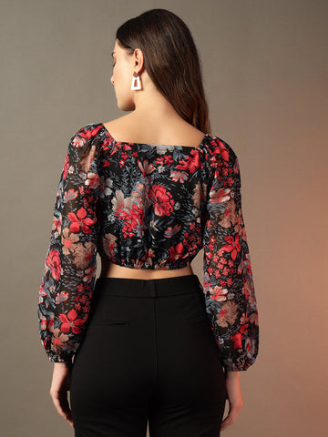 Black Ruched Printed Top