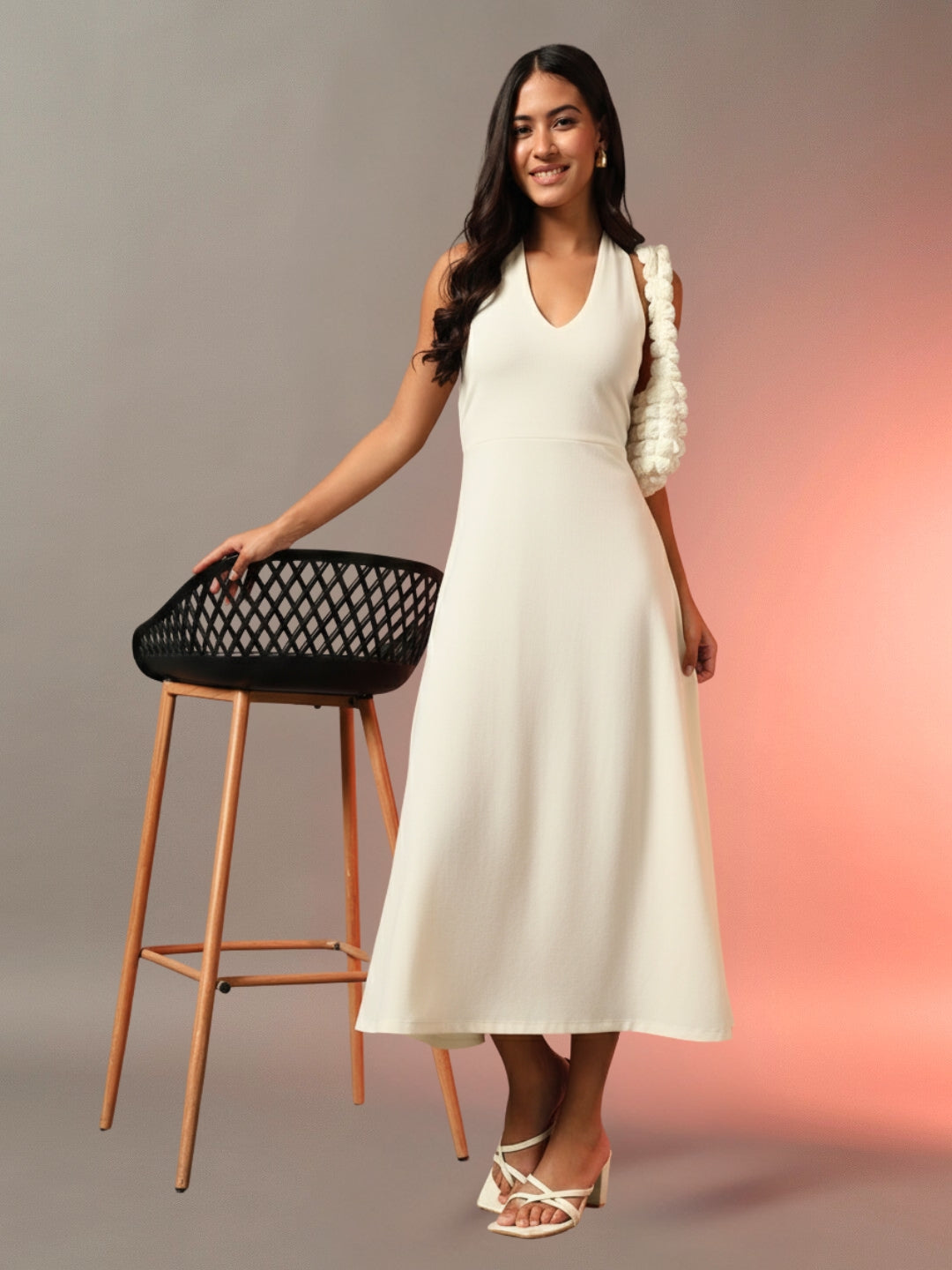 Halter Neck Fit & Flare Midi Dress - Off White
