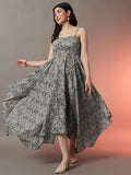 Printed Handkerchief Hem Dress - Black