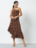 Printed Cocktail Dress with Inbuilt Padding - Brown
