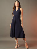 Halter Neck Fit & Flare Midi Dress - Navy Blue