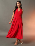 Halter Neck Fit & Flare Midi Dress - Red