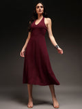 Halter Neck Fit & Flare Midi Dress - Burgundy