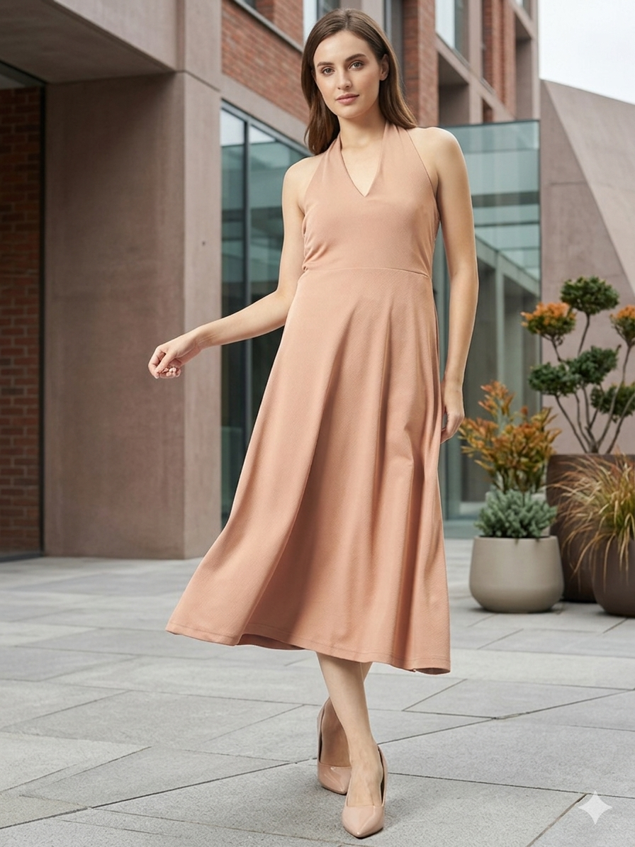 Halter Neck Fit & Flare Midi Dress - Beige