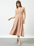 Halter Neck Fit & Flare Midi Dress - Beige