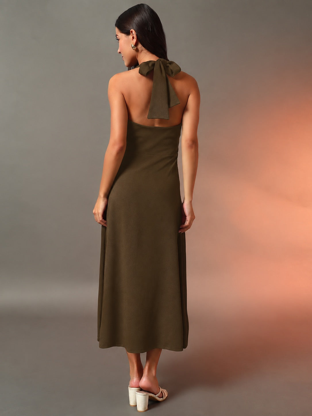 Halter Neck Fit & Flare Midi Dress - Brown