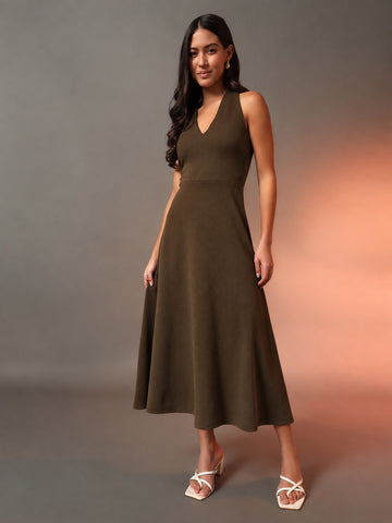 Halter Neck Fit & Flare Midi Dress - Brown