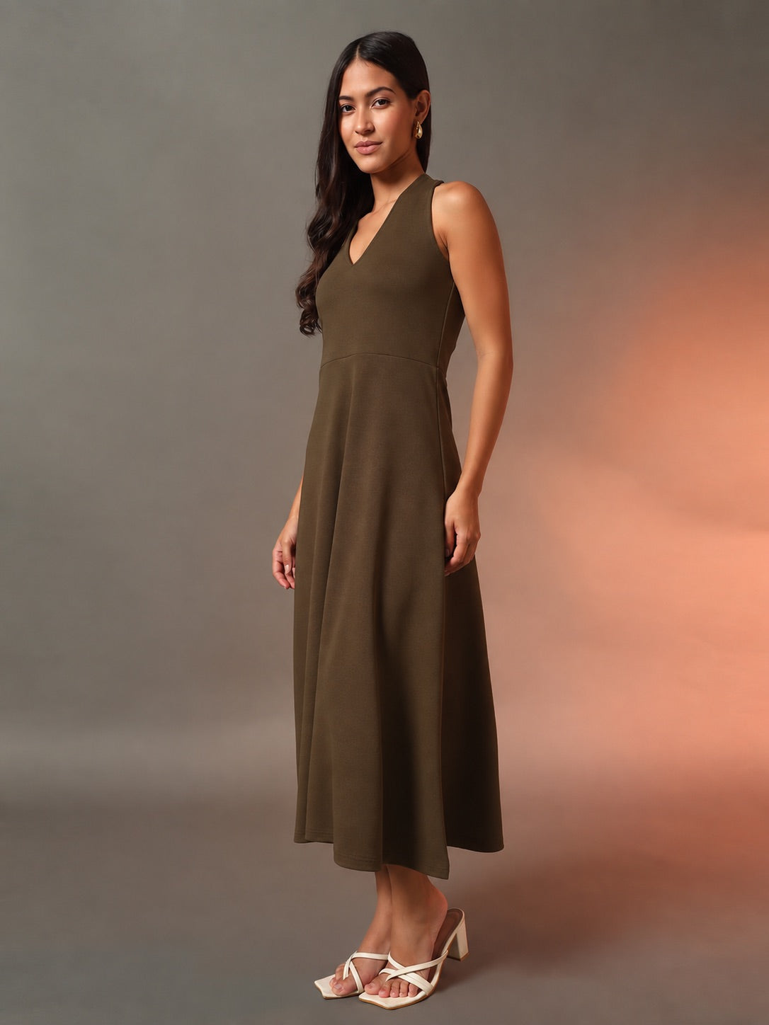 Halter Neck Fit & Flare Midi Dress - Brown