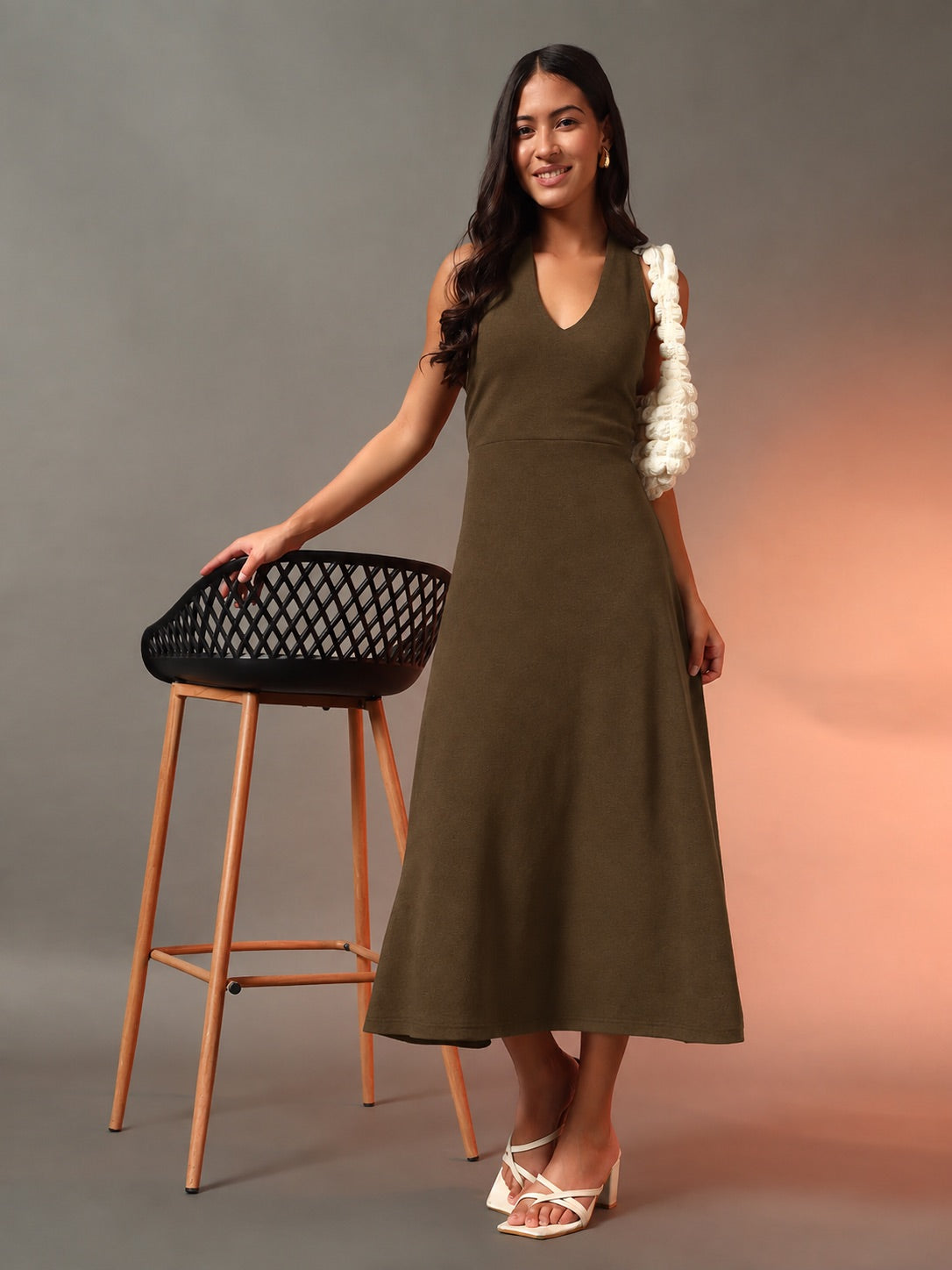 Halter Neck Fit & Flare Midi Dress - Brown