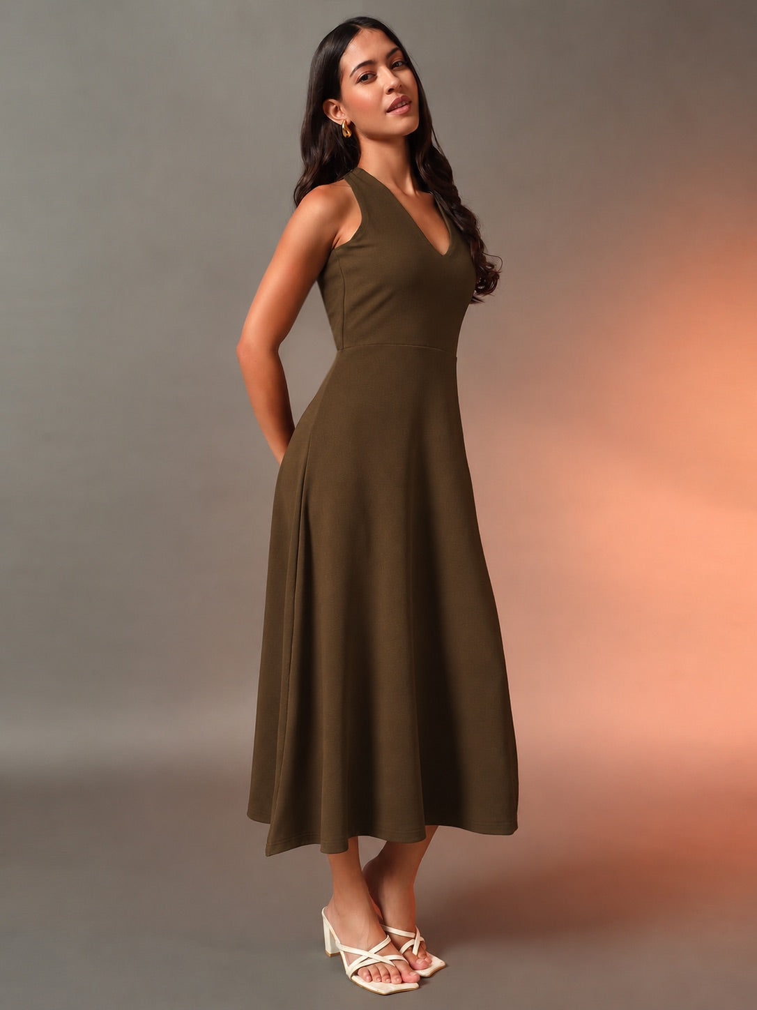 Halter Neck Fit & Flare Midi Dress - Brown