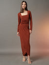 Square Neck Wrap Around Dress - Rust