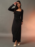 Square Neck Wrap Around Dress - Black