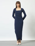Square Neck Wrap Around Dress - Navy