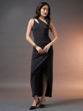 Shoulder Slit Maxi Dress with Side Slit and Flowy Silhouette - Black