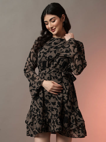 Black Printed Mini Dress with Flared Hem and Puff Sleeves