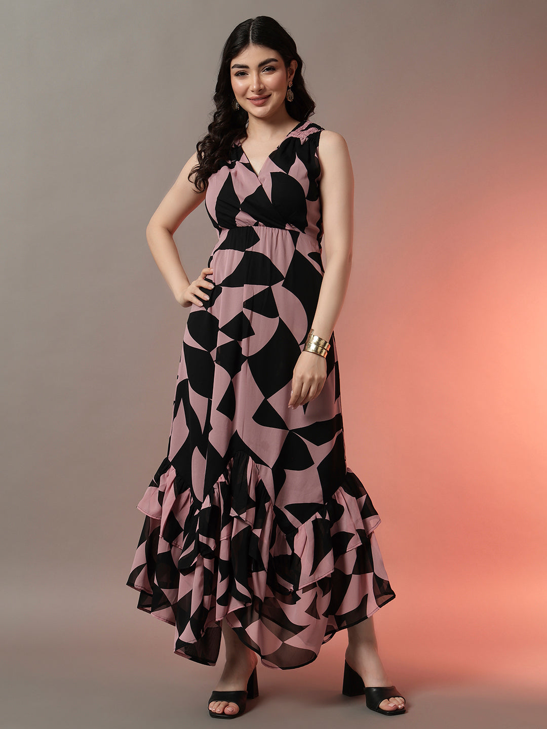 Pink & Black Printed Maxi Dress with Flared Hem and V-Neckline
