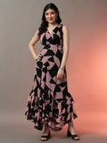 Printed Maxi Dress with Flared Hem and V-Neckline - Black