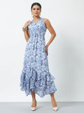 Printed Maxi Dress with Flared Hem and V-Neckline - Blue