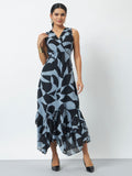 Printed Maxi Dress with Flared Hem and V-Neckline - Grey