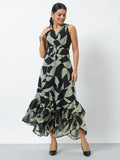 Printed Maxi Dress with Flared Hem and V-Neckline - Green