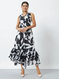 Printed Maxi Dress with Flared Hem and V-Neckline - White