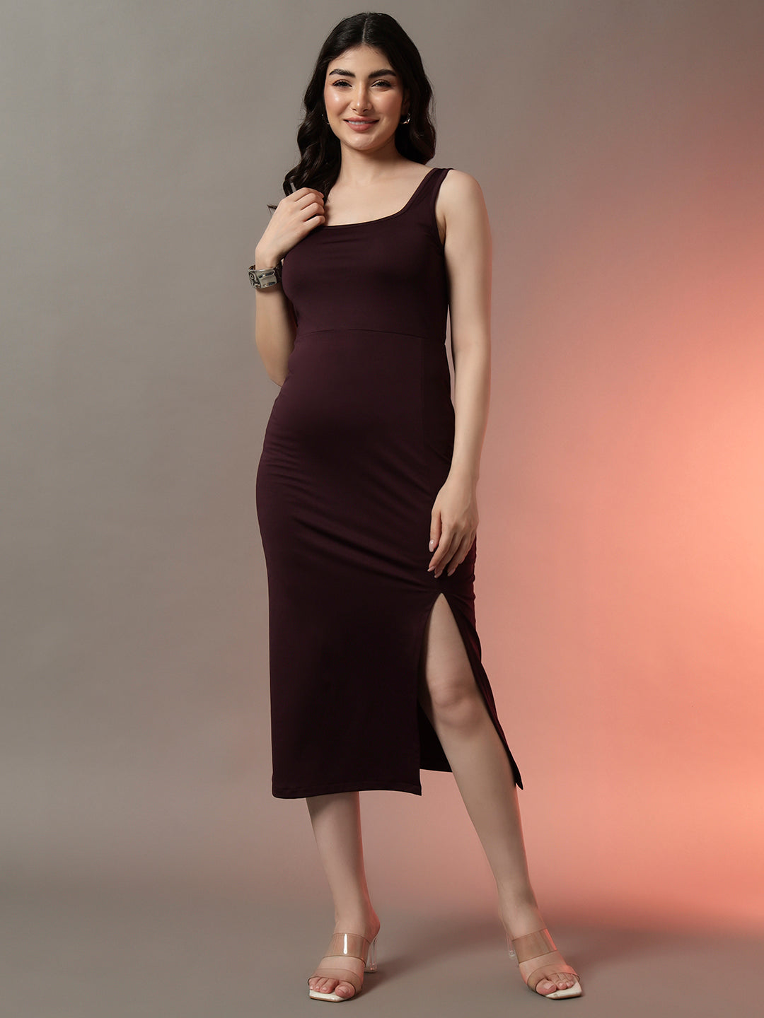 Wine Sheath Midi Dress for Women | Sleek and Elegant Fit