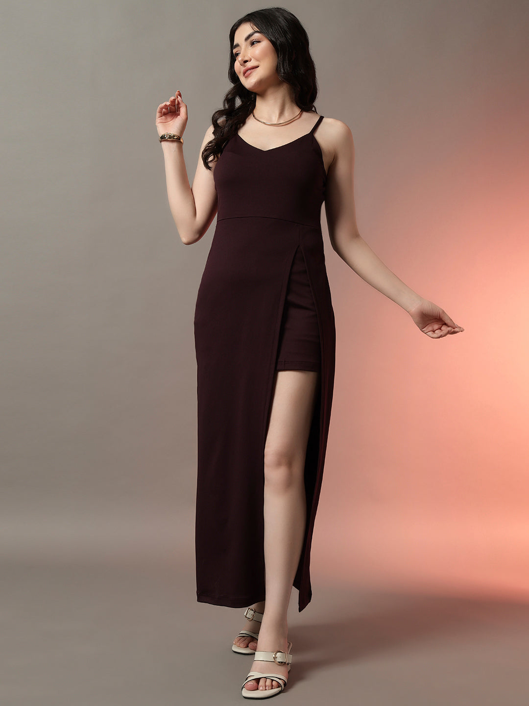 Wine Slit Sleeveless Elegant Bodycon Midi Dress