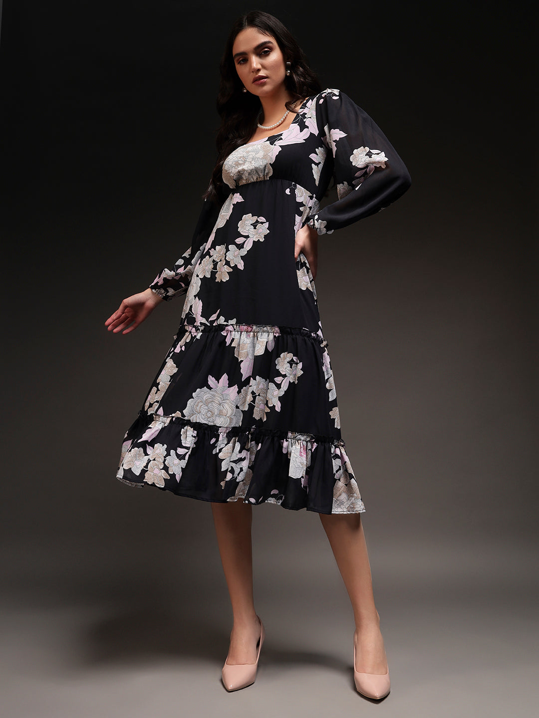 Trend Arrest Women Square Neck Floral Tiered Dress