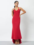Trend Arrest Lace-Up Back Trail Gown Dress - Red