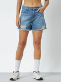 Dark Blue Distressed Denim Shorts - Light Blue